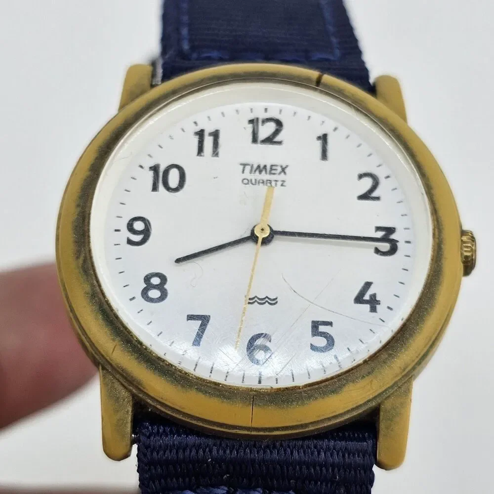 VTG Timex Easy Read Men Watch 34MM White Dial New Blue Canvas Bands New‎ Battery